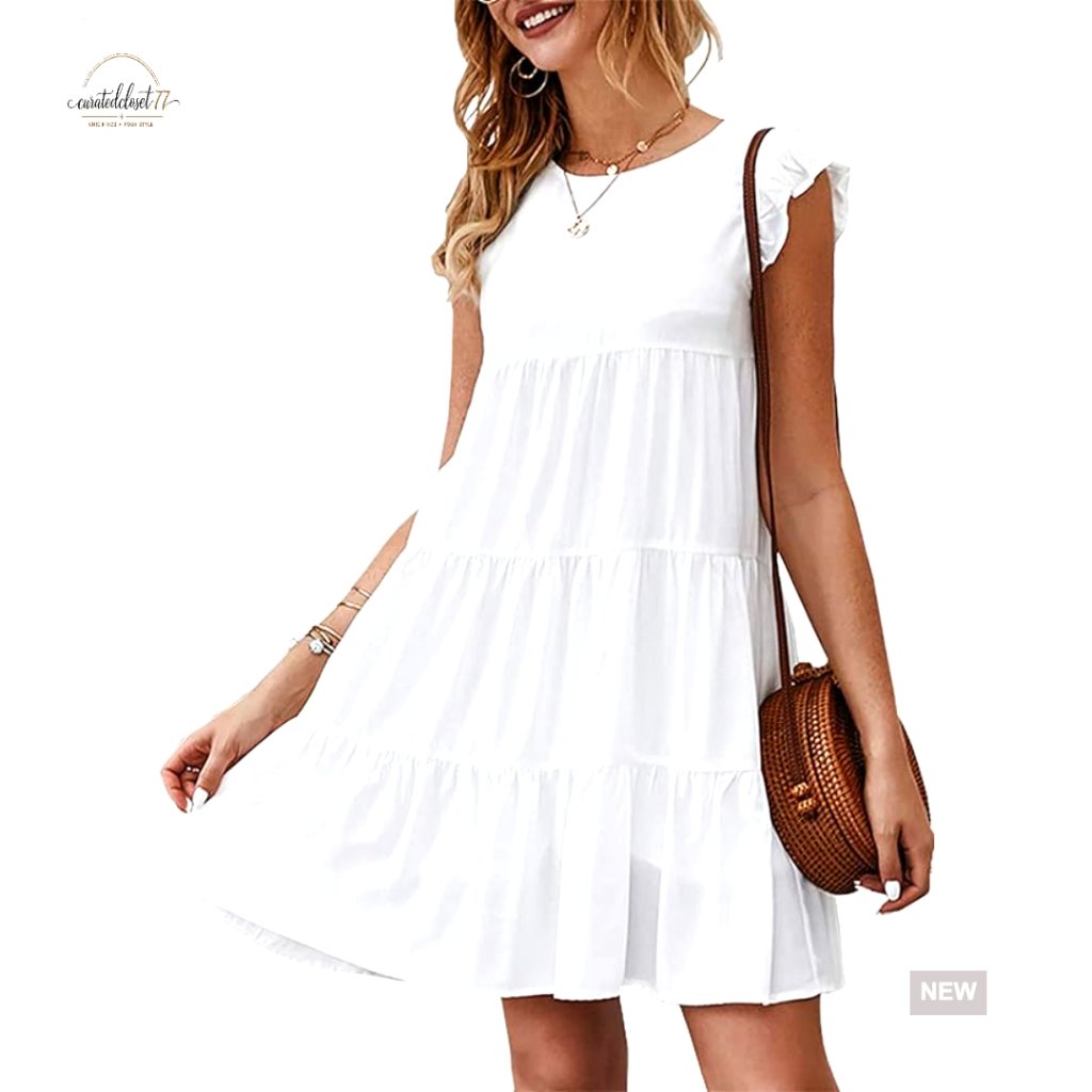 Sleeveless Babydoll Mini Dress, Ruffle Sleeves, Loose Fit, Pleated Flowy